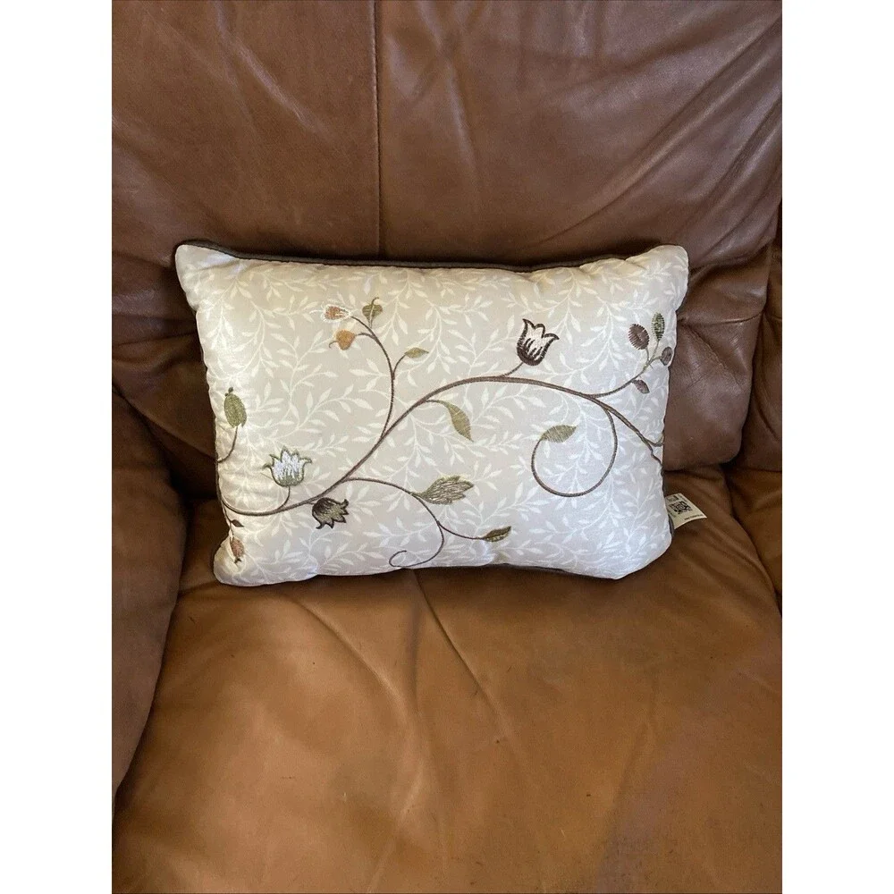 Madison Park Aqua & Brown Embroidered Leaf Floral Throw Pillow 15x11”
